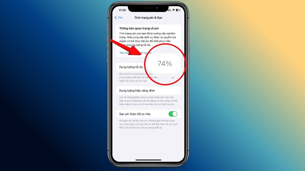 Màn hình iPhone 11 Pro Max báo tình trạng pin dưới 80% cần thay