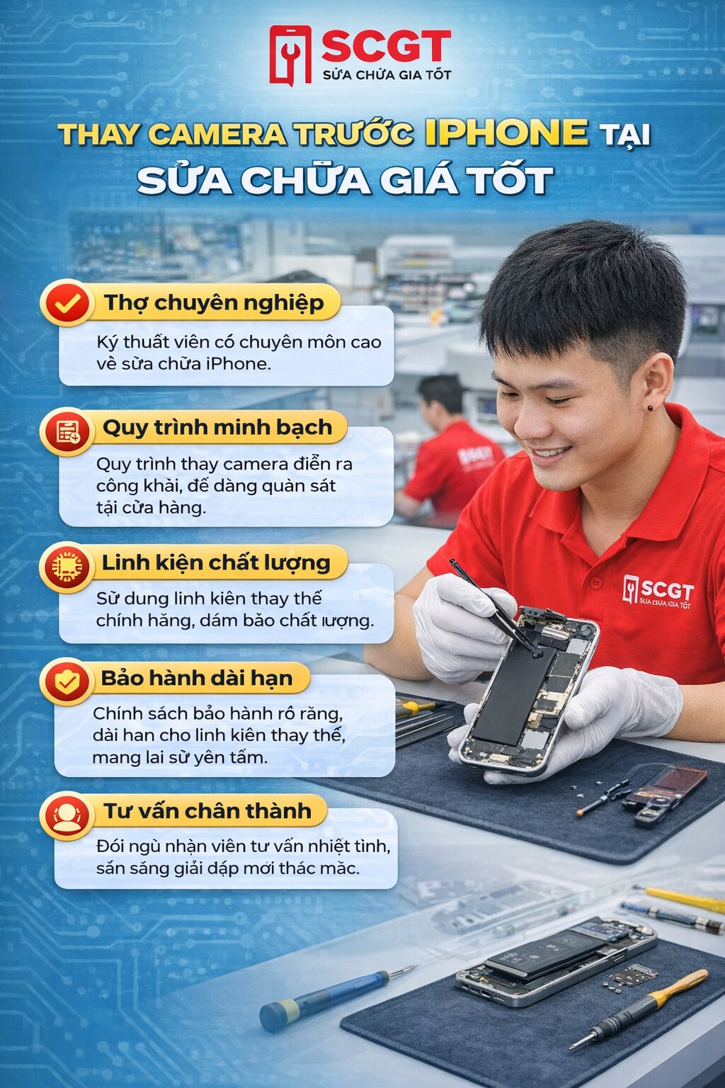 Kỹ thuật viên thay camera trước iPhone tại cửa hàng Sửa Chữa Giá Tốt