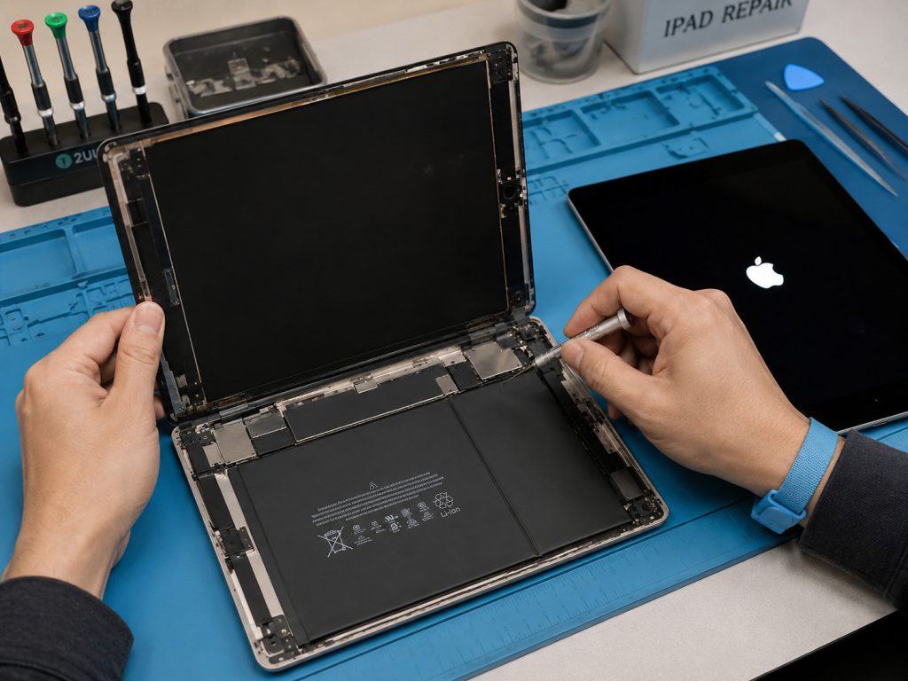 iPad repair in progress, opened device