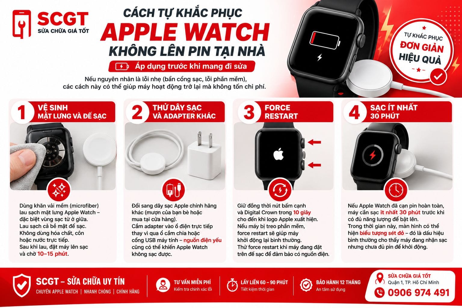 Cách khắc phục Apple Watch không lên pin tại nhà trước khi mang đi sửa